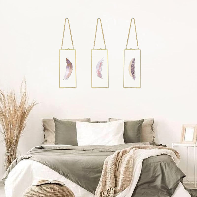 Jajamy Vintage Gold Brass 4x9 Inches Rectangle Pressed Flower Photo Frames  Hanging Double Floating Clear Glass Artwork Picture Frames Display Dried Flowers Plants Specimen Frame Geometric Herbarium Ornament - Image 4